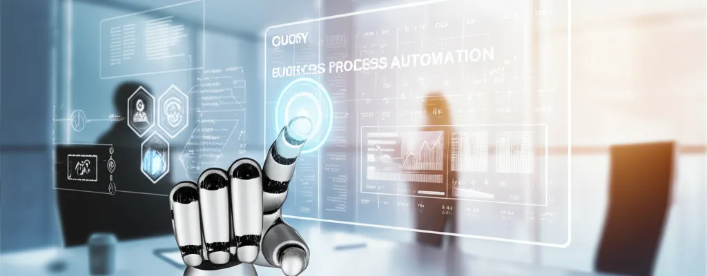 Ilustração de automação de processos com robôs e fluxos de trabalho integrados em ambiente futurista